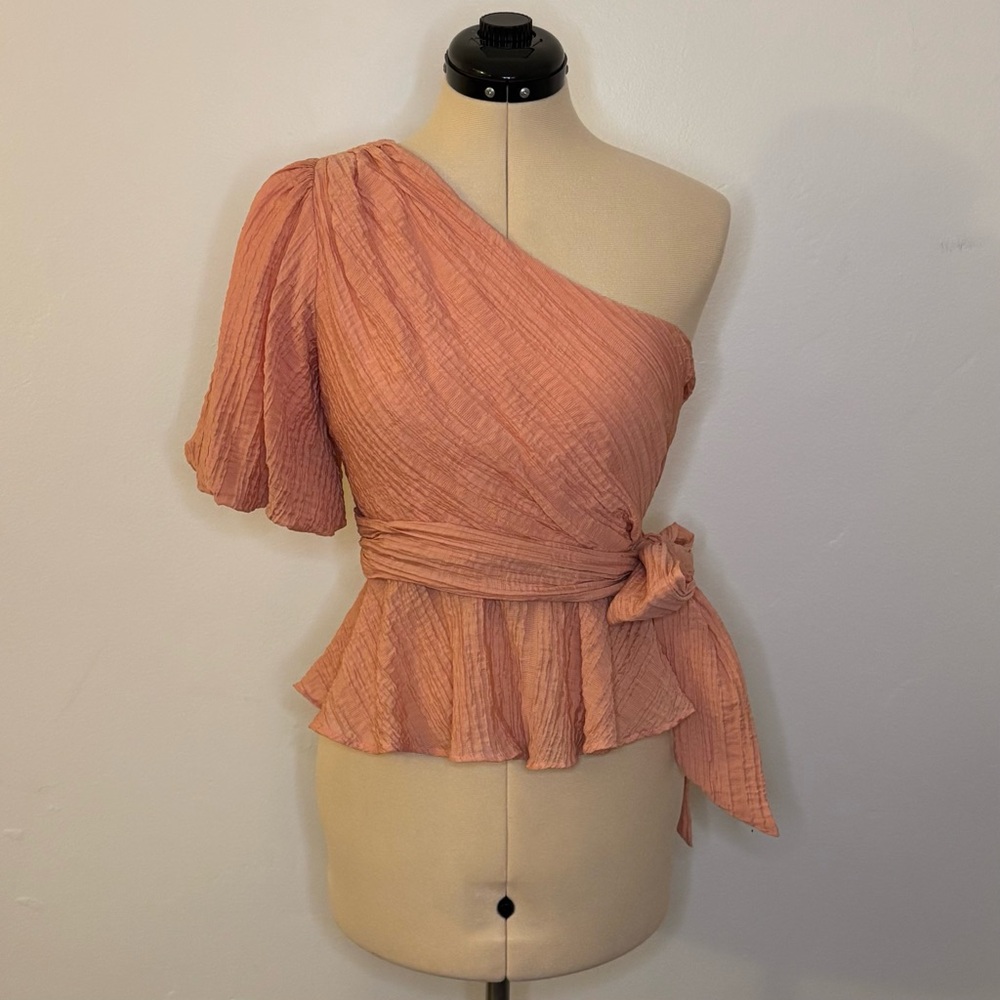 MINKPINK Free People Vera One-Shoulder Top in Rose, Peach Pink Peplum w/ Belt, S